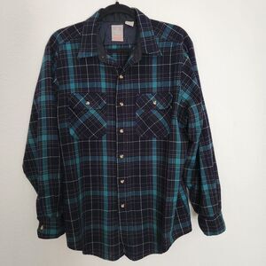 Outdoor Exchange Mens Plaid Turqoise & Black Button Front Shirt Size Large